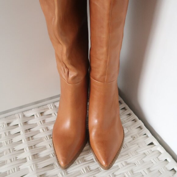 Nine West Tan Leather Knee High Boots Block Heel Pointed Toe Riding Boots Size 6 - Picture 4 of 11